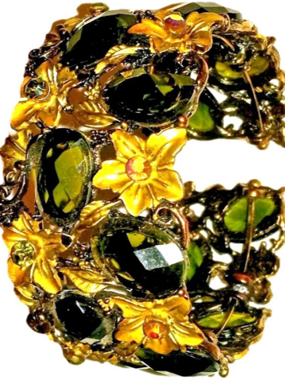 Vintage Gold‑Tone Floral Cuff Bracelet Green Rhinestones